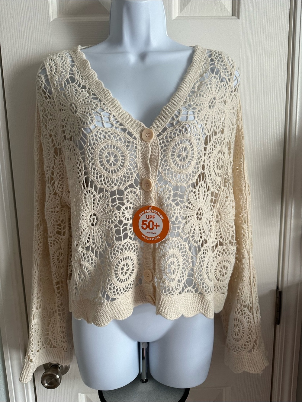 Amazon Cream Crochet Button-Front Women's Cardigan